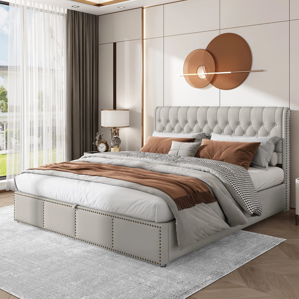 DESMIU Letto Contenitore 180 × 200 cm 2 posti con vano contenitore, senza materasso, in lino, grigio