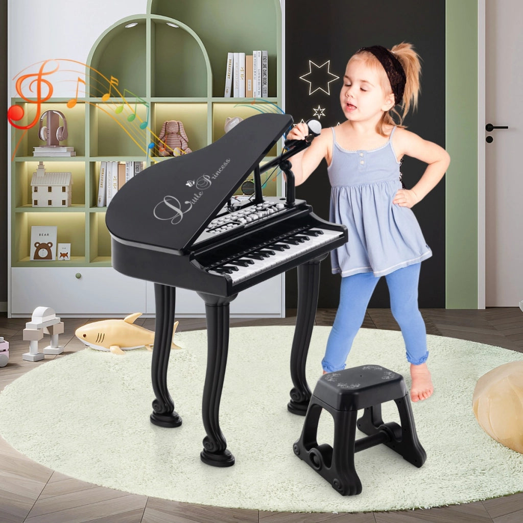 Tastiera a 37 tasti per bambini con sgabello, Pianoforte giocattolo multifunzionale portatile con microfono Nero
