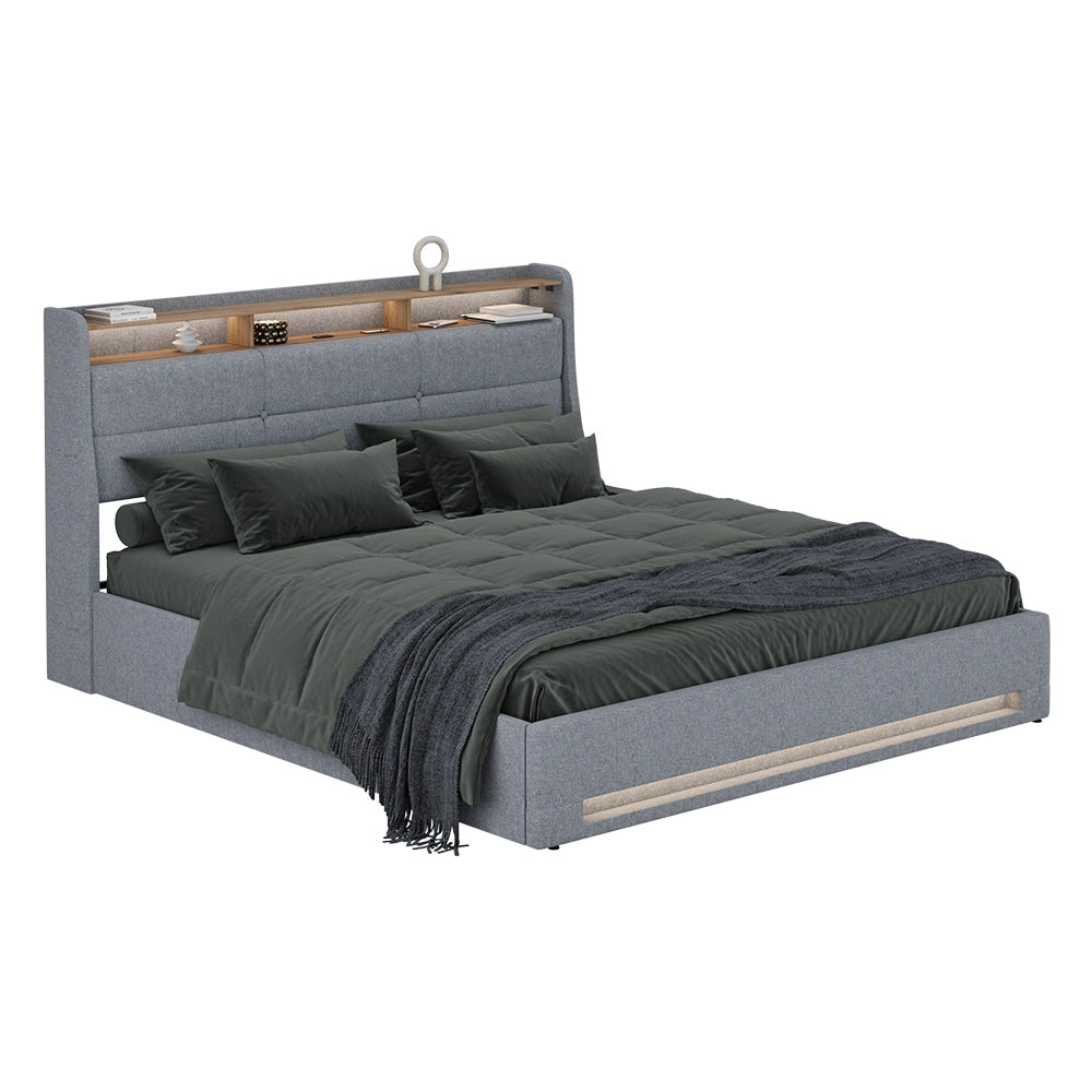 Vitalispa Letto imbottito Grigio/quercia 180x200 con LED e porta USB