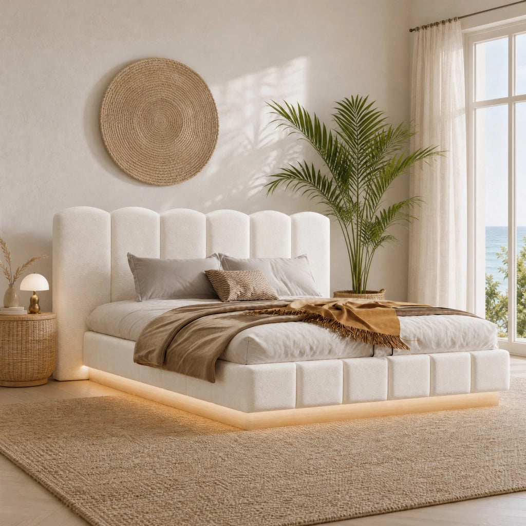 LETTO Contenitore 180x200 cm Bouclé Bianco con rete a doghe e LED
