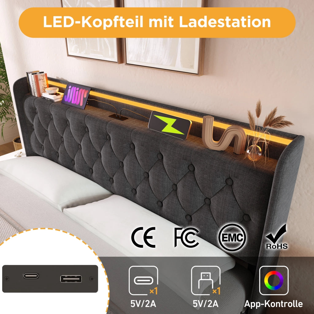 LETTO Contenitore 140x200 cm in Lino Grigio con LED e USB Tipo C