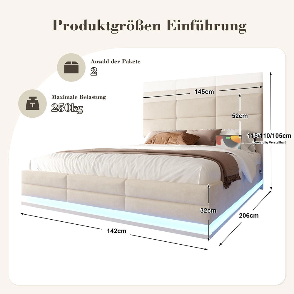 Letto 140x200cm?- Xylo - velluto USB LED idraulico beige