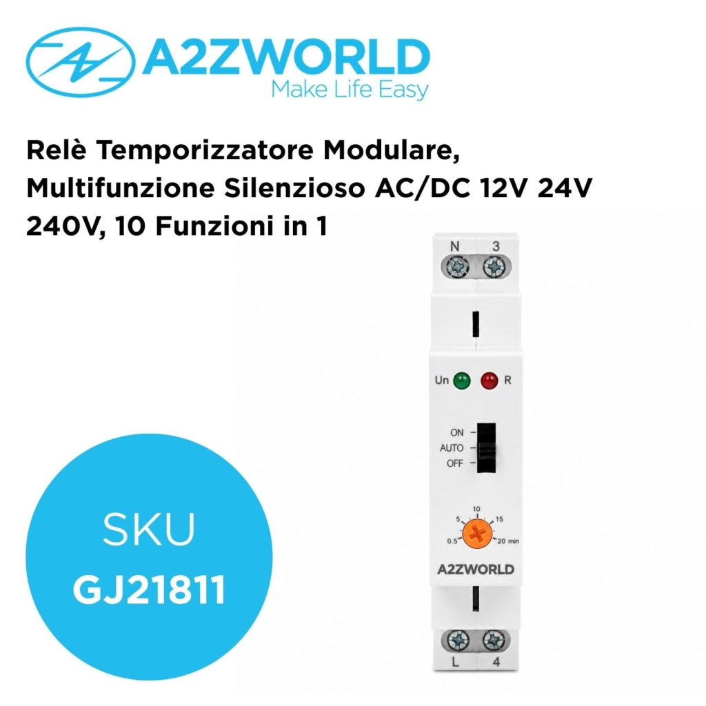 Relè Temporizzato Luci Scale 230V AC, Temporizzatore Auto ON OFF, 16A, 0,5-20 Minuti, 1 Modulo DIN, per Corridoi Ingressi Scale e Ventole Bagno, GRT8-LS