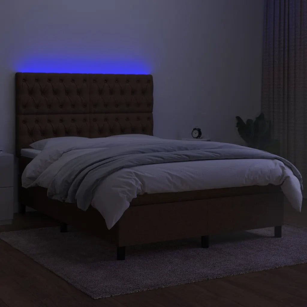 Letto a Molle Materasso e LED Marrone Scuro 140x200 cm Tessuto 3135120