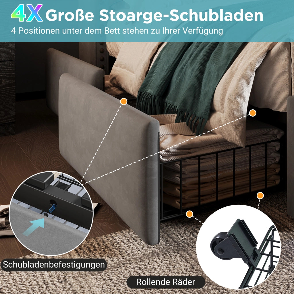 LETTO matrimoniale 180x200 cm con 4 cassetti, LED, USB e Type-C, velluto grigio