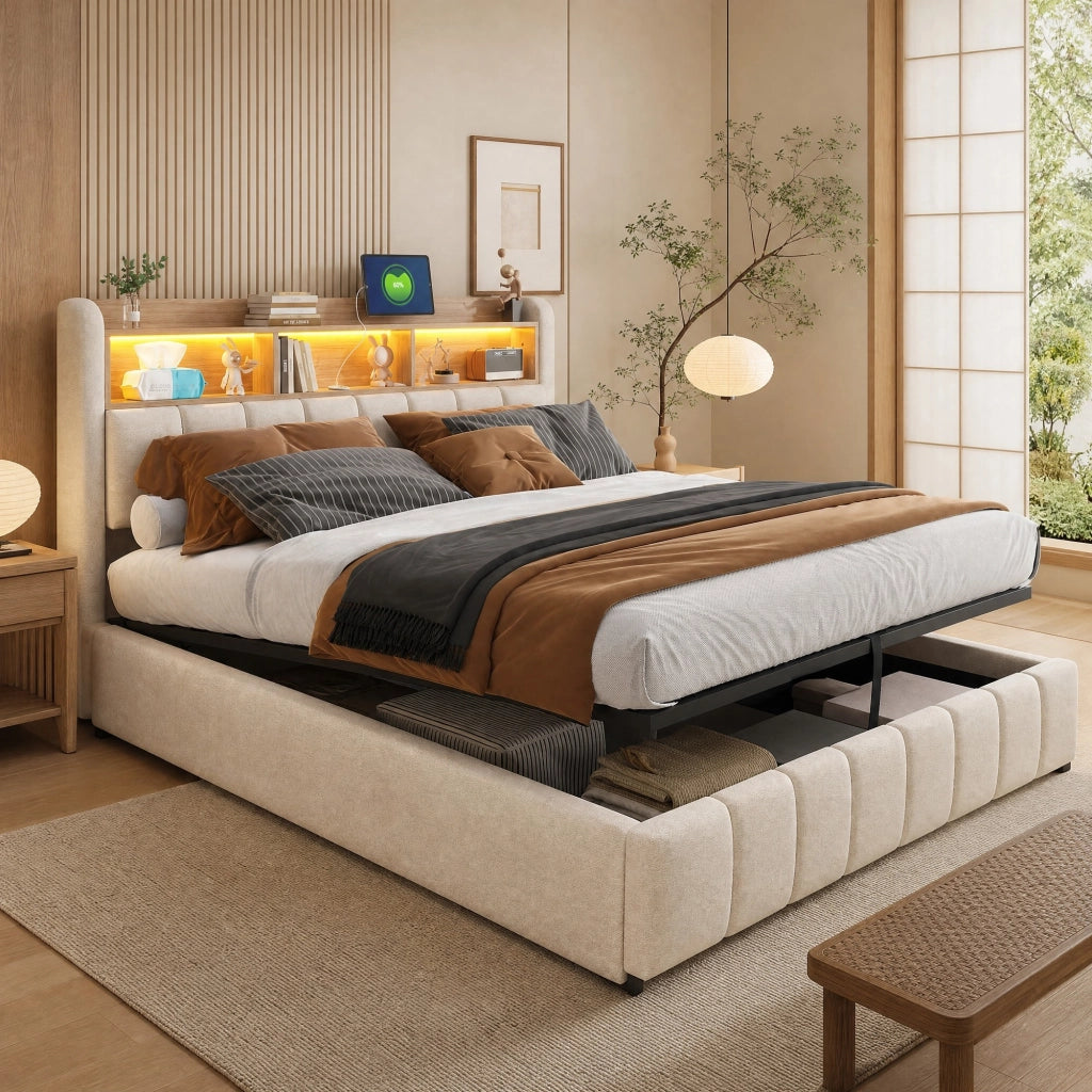 Letto imbottito 180x200 cm con LED, USB-C, contenitore idraulico e testiera con ripiani