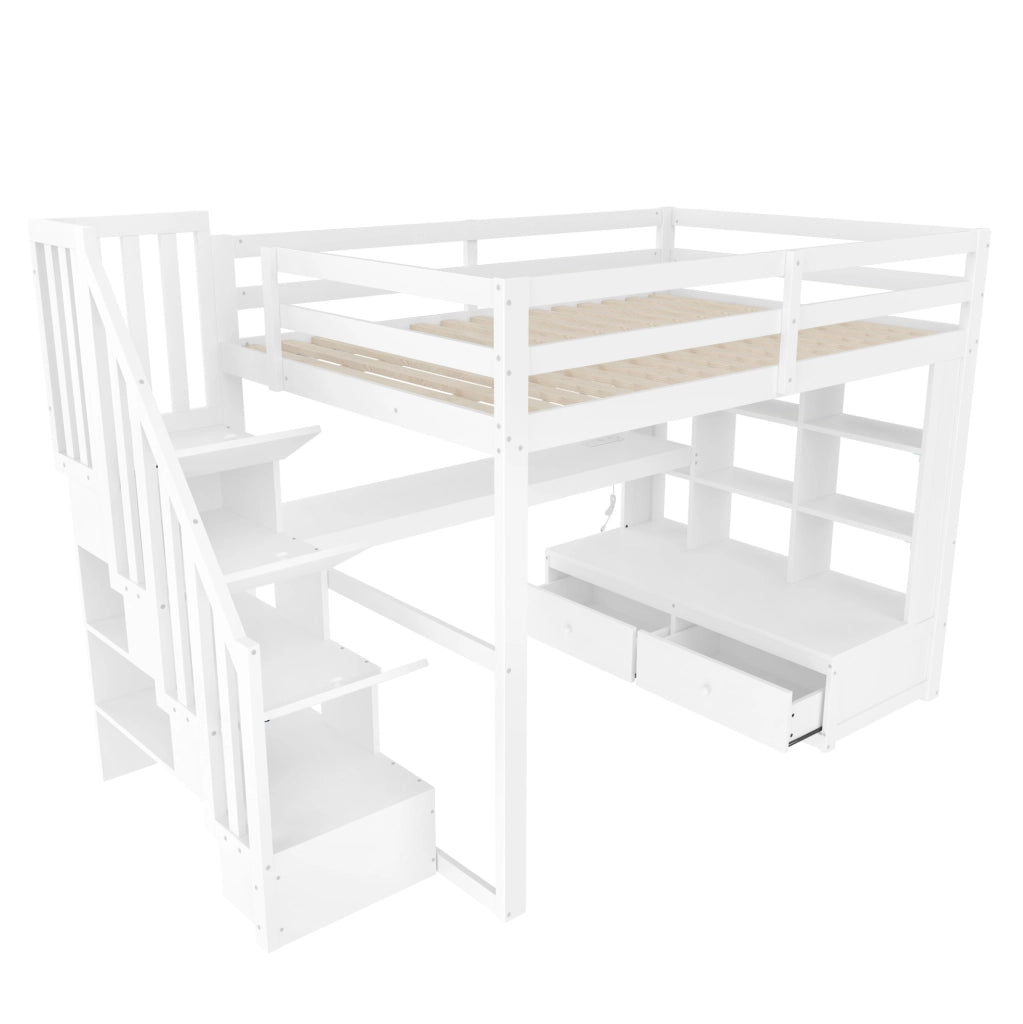 Letto a castello 140x200 cm con scrivania; scaffali; cassetti e scale contenitore; bianco