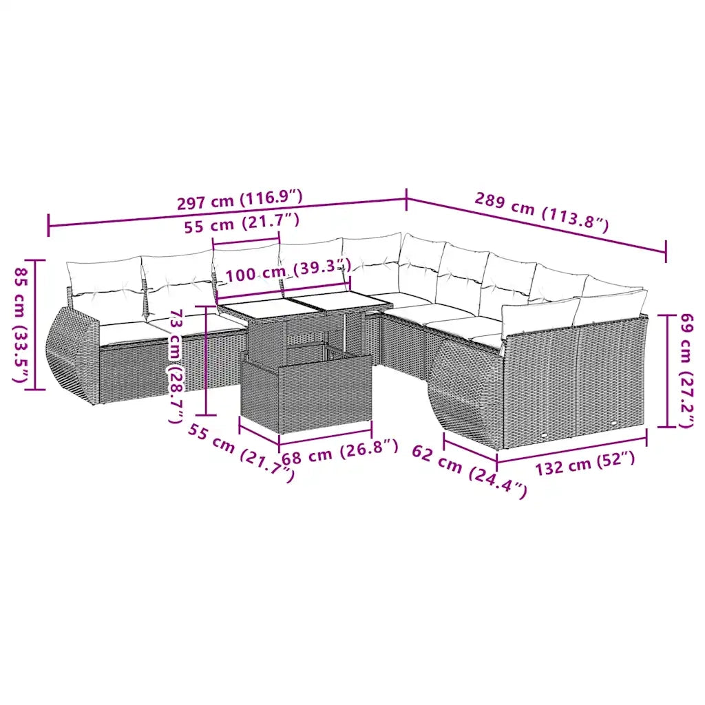 Set Divani da Giardino 11 pz con Cuscini Polyrattan Marrone 3268803