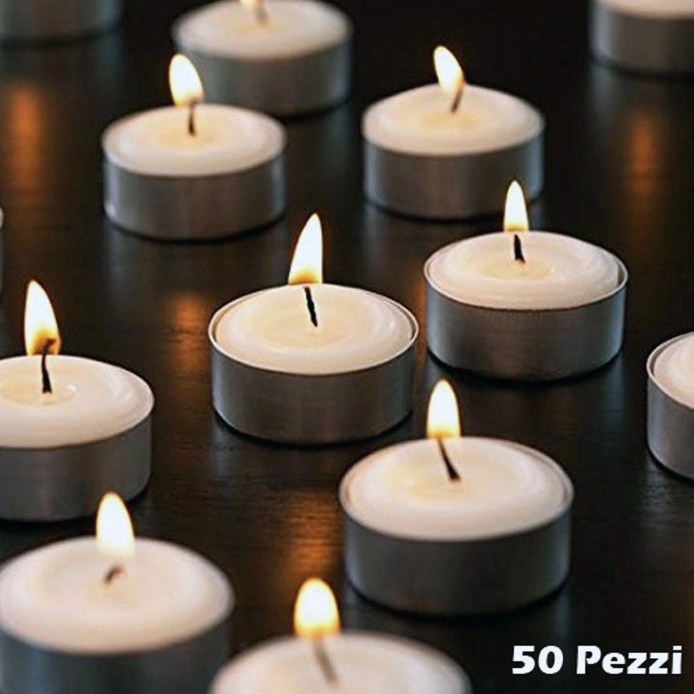 Trade Shop - Set 50 Pz. Tealight Candele Tea-light In Cera Bianca Tonde 575gr Durata 4 Ore -