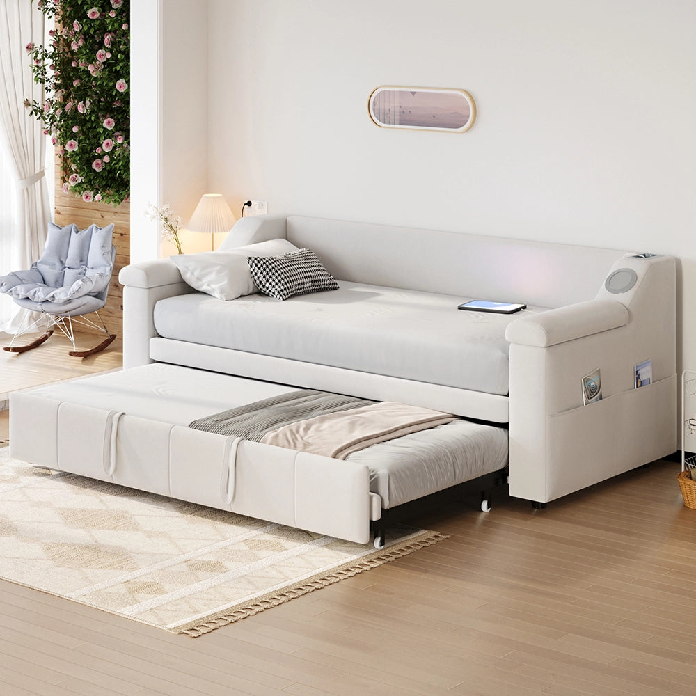 Divano letto-Xylo-90x190 cm-Bluetooth, USB, velluto beige