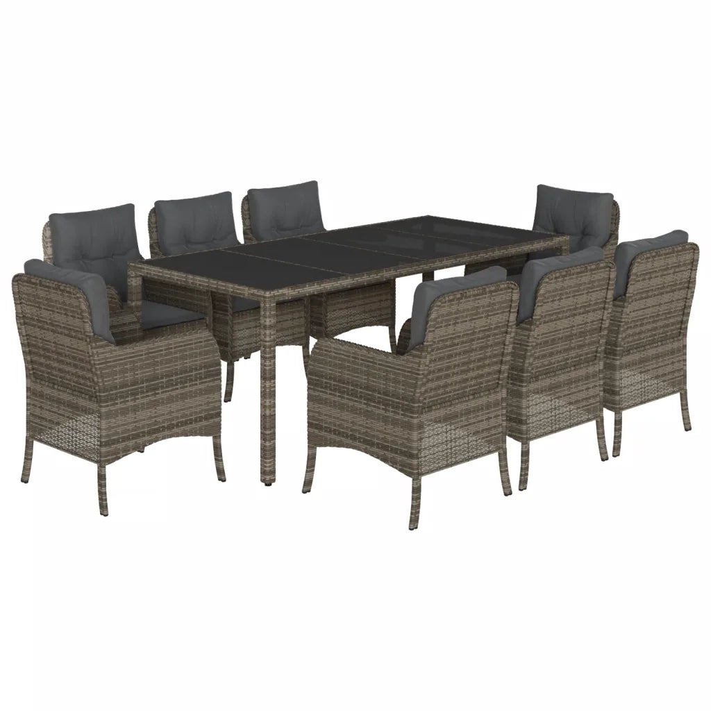Set da Pranzo da Giardino 9 pz con Cuscini in Polyrattan Grigio