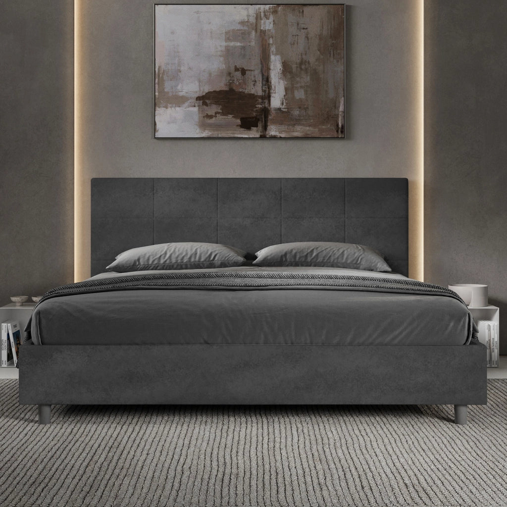 BS COM Letto matrimoniale king size con rete imbottito 180x200 microfibra grigio