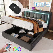 LETTO 160x200 cm in tessuto grigio con LED, USB e Type C