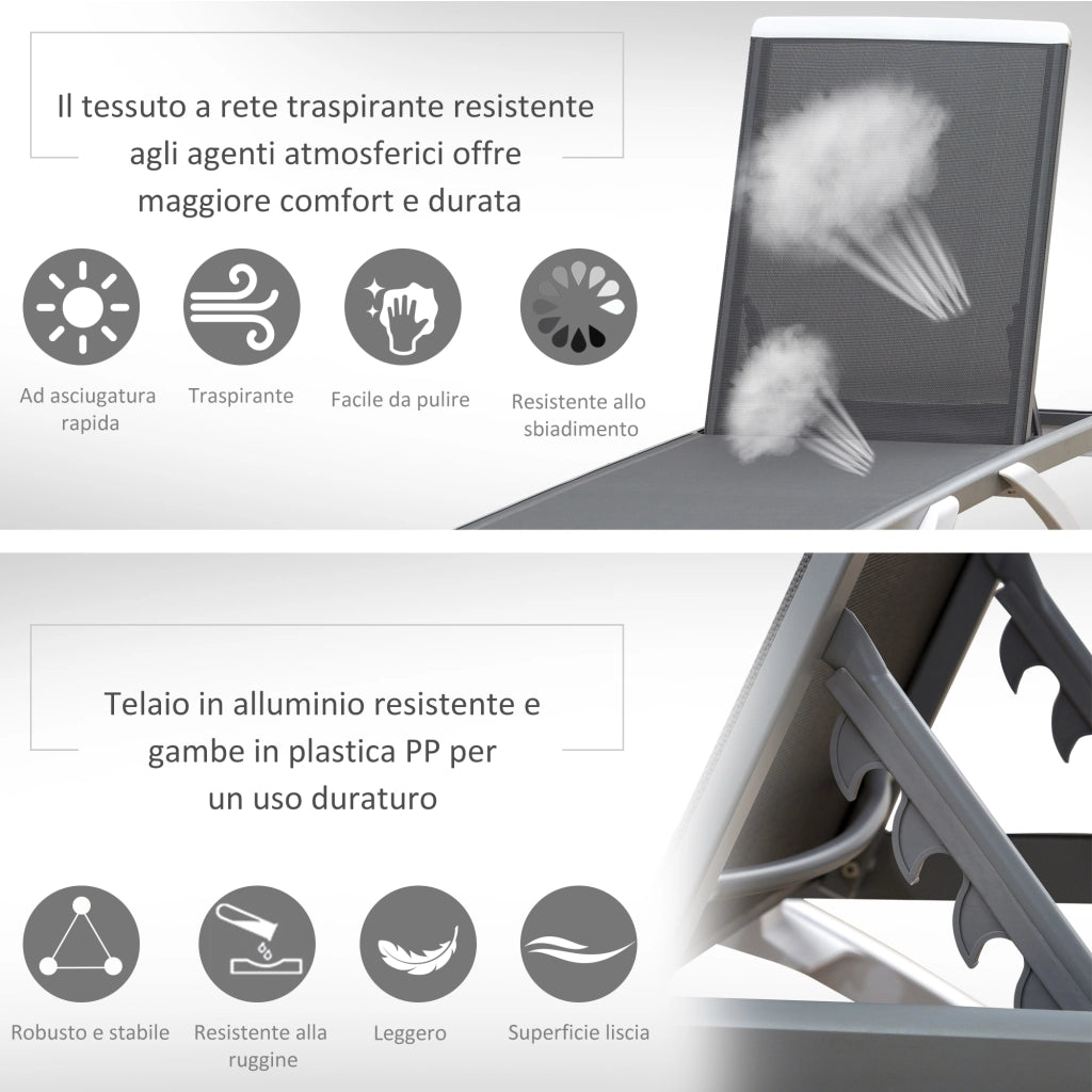 Lettino Prendisole Reclinabile con Rotelle ¨C Xylo ¨C Grigio e Bianco 195x67.5x33 cm