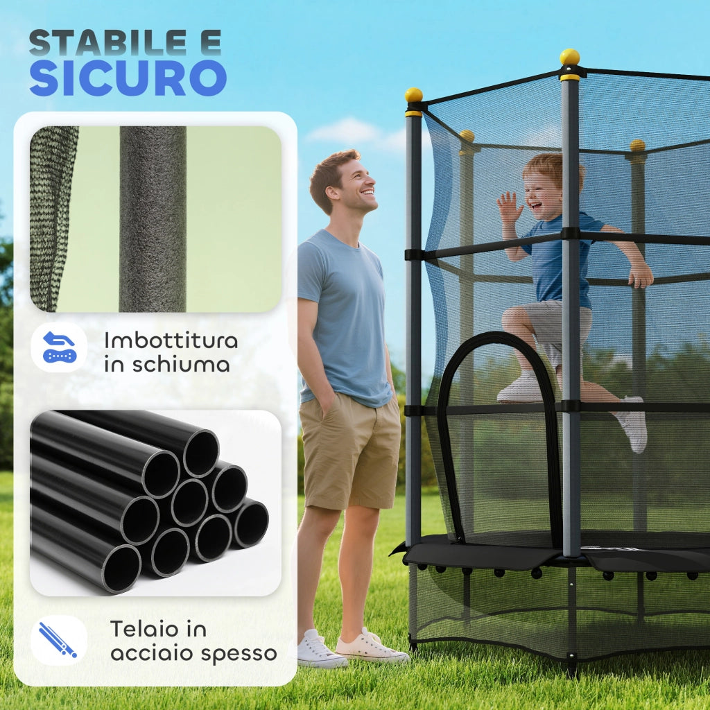 Trampolino Elastico per Bambini con Rete di Sicurezza ¨C Minimal ¨C Nero ?140x190 cm