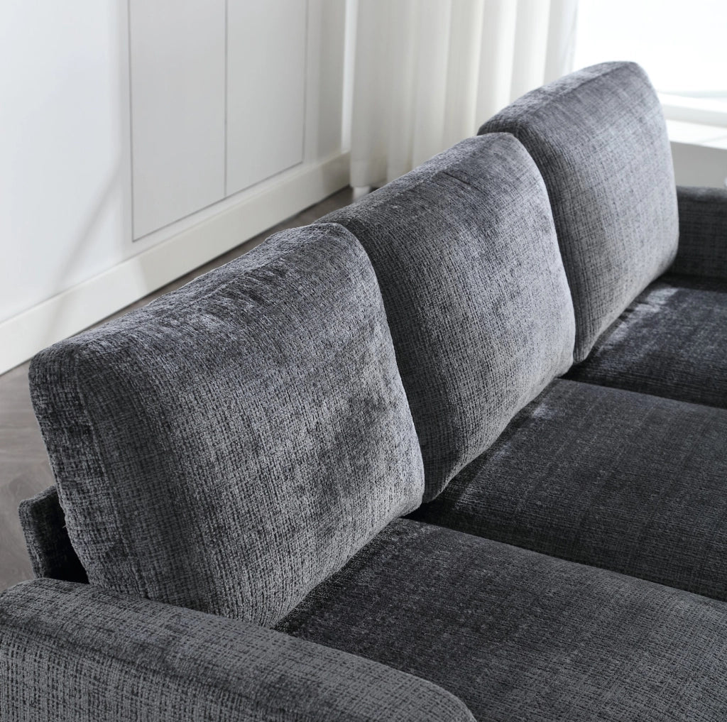 Divano 4 posti con pouf contenitore; portabicchieri e tasche laterali; grigio