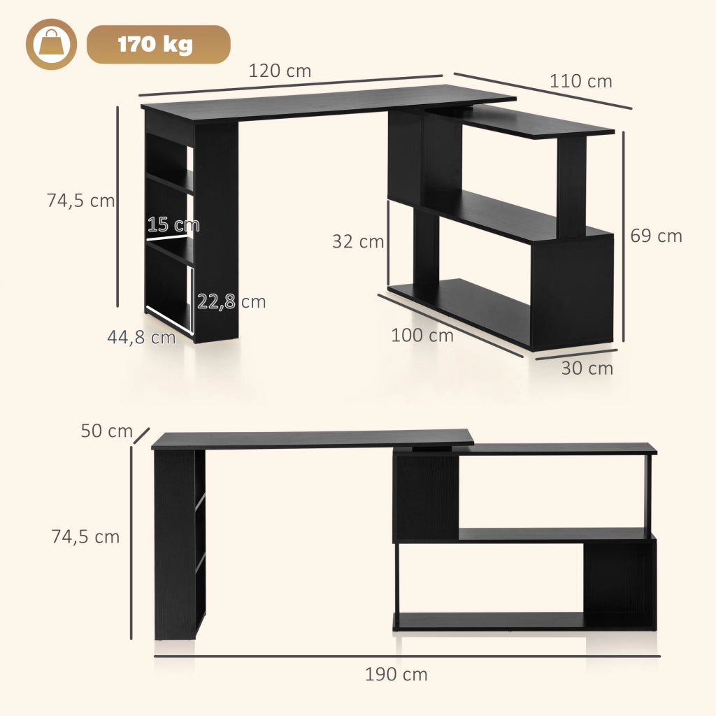 Scrivania angolare con libreria ¨C Minimal ¨C Nero 120x110x74,5 cm