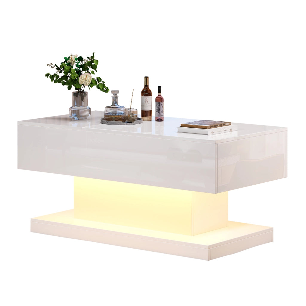 Tavolino basso sollevabile con LED e vano contenitore, per soggiorno moderno, in truciolato bianco, 100 × 50 × 45 cm