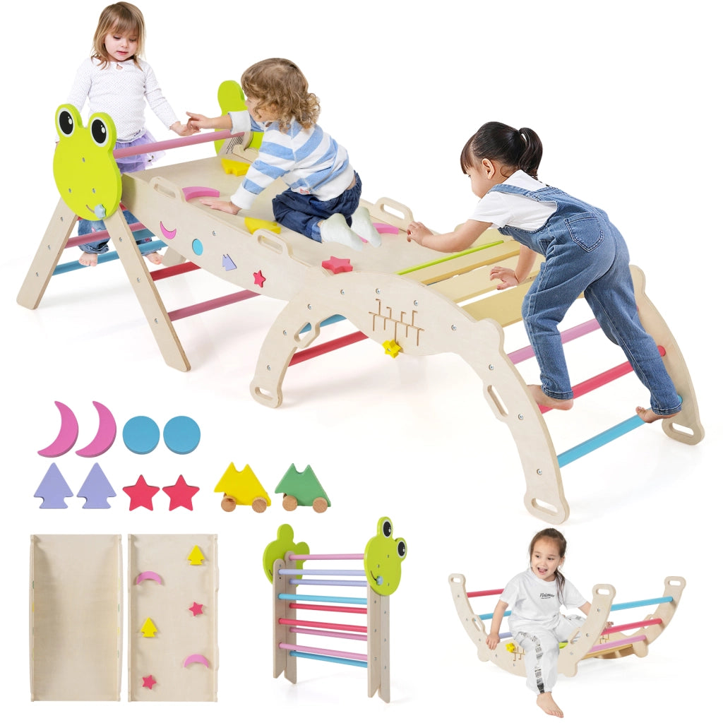 Giochi da arrampicata per bambini con rampa, Set montessori in legno a tema rana con gioco del labirinto Colorato