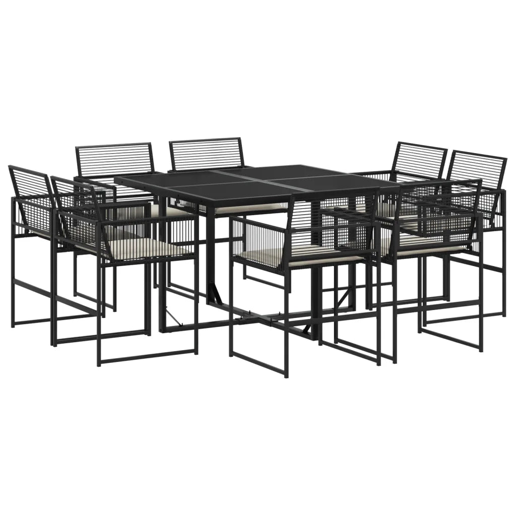 Set da Pranzo da Giardino 9 pz con Cuscini Nero in Polyrattan 3295013