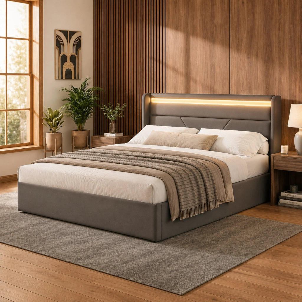 LETTO Contenitore 140x200 cm in PU Grigio con LED e telecomando
