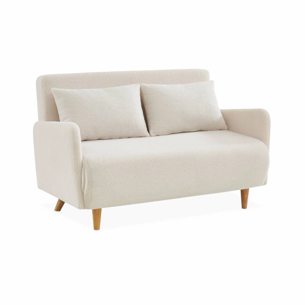 Divano letto in bouclé con gambe in legno, 2 posti, crema