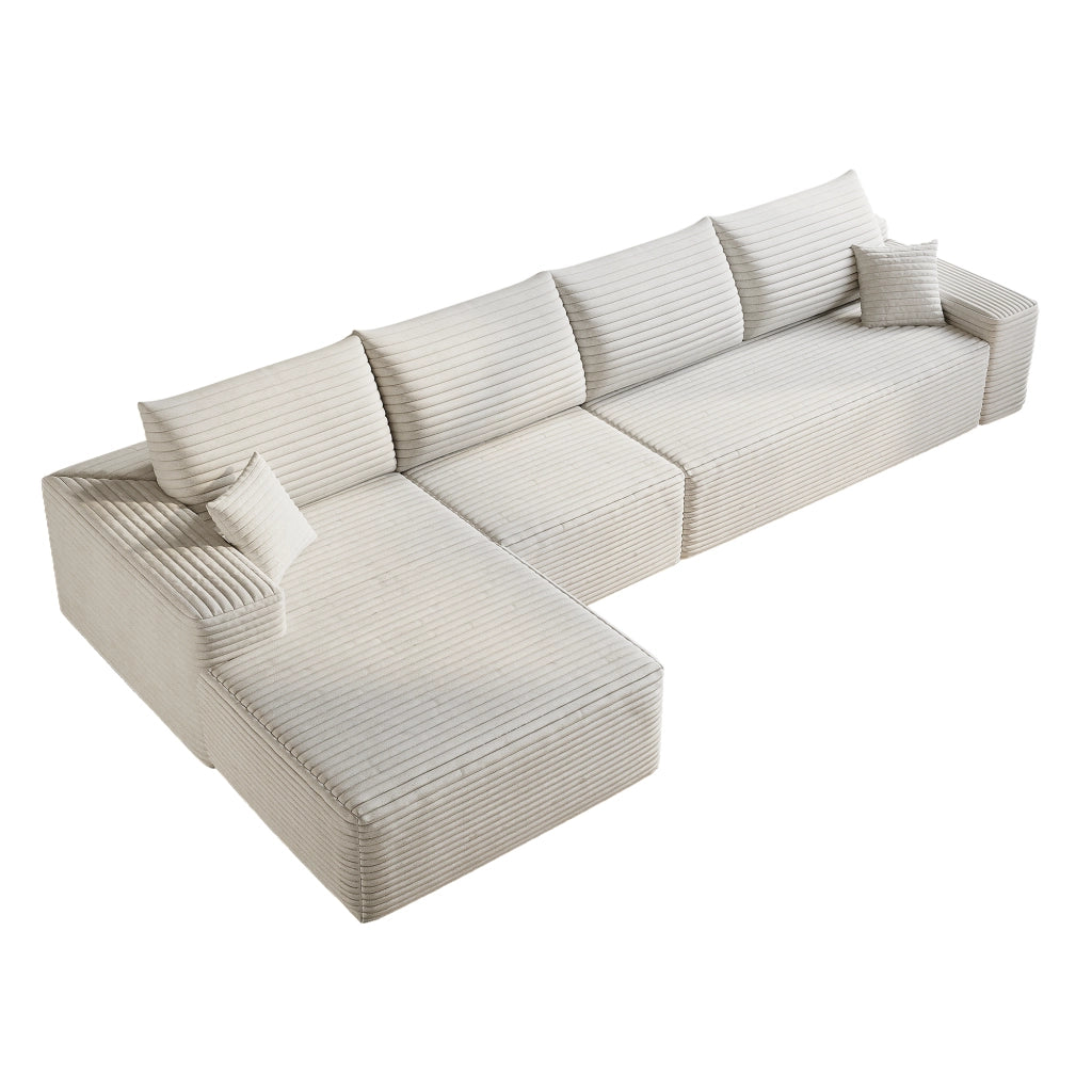 Divano angolare con chaise longue in tessuto a coste bianco, senza attrezzi, per soggiorno 340 × 175 × 83 cm