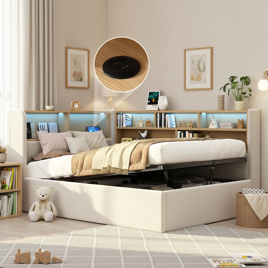 LETTO 90x200 cm con contenitore idraulico in velluto beige, LED, USB e USB-C