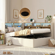 LETTO 90x200 cm con contenitore idraulico in velluto beige, LED, USB e USB-C