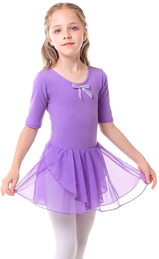 Abito da Ballo a Maglia e Chiffon - Gonna da Ballerina Ragazza - Costume da Ballo - Tutu con Fodera - Maniche Cortissime - Comodo e Respirante
