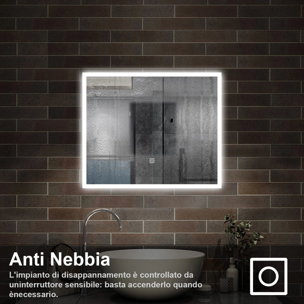 specchio rettangolare 60x50 cm con luce led, antiappannamento e touch