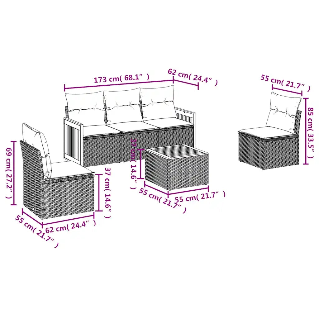 Set Divani da Giardino 6 pz con Cuscini Nero in Polyrattan 3227534