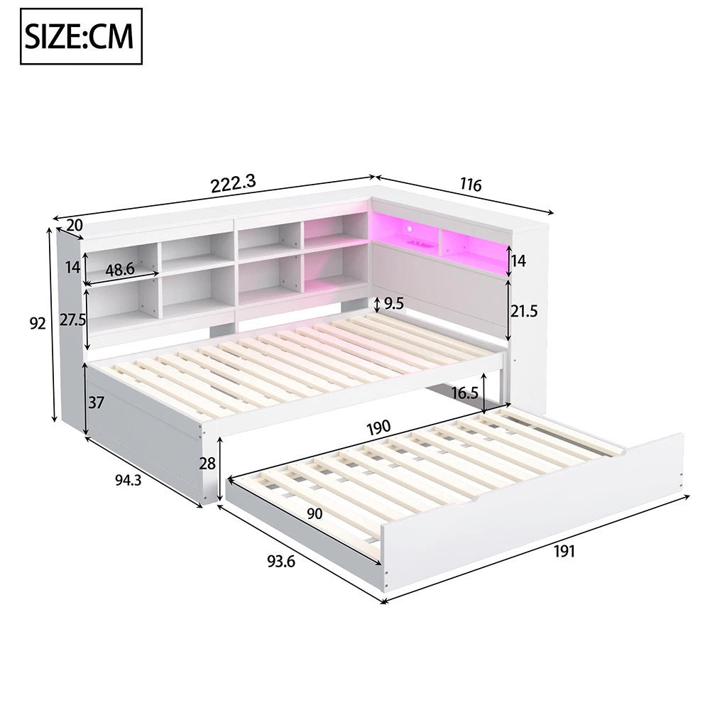 Divano in legno 90x200cm - Xylo - bianco, LED USB, scomparti, spazio