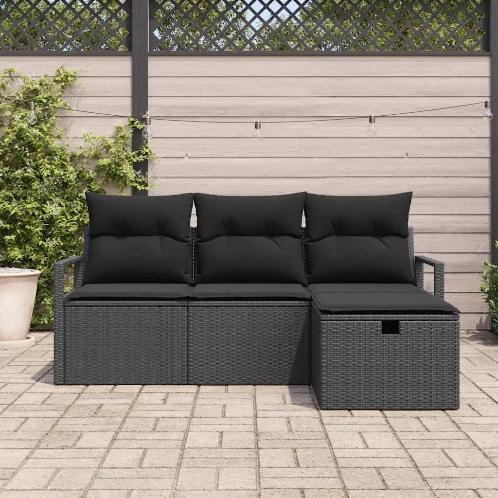Set Divano da Giardino con cuscino 4 pcs Nero Poly Rattan