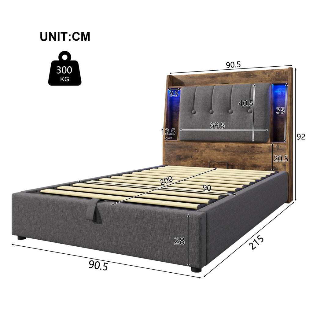 LETTO Imbottito 90x200 cm Grigio in lino e MDF con USB Type-C, LED e vani