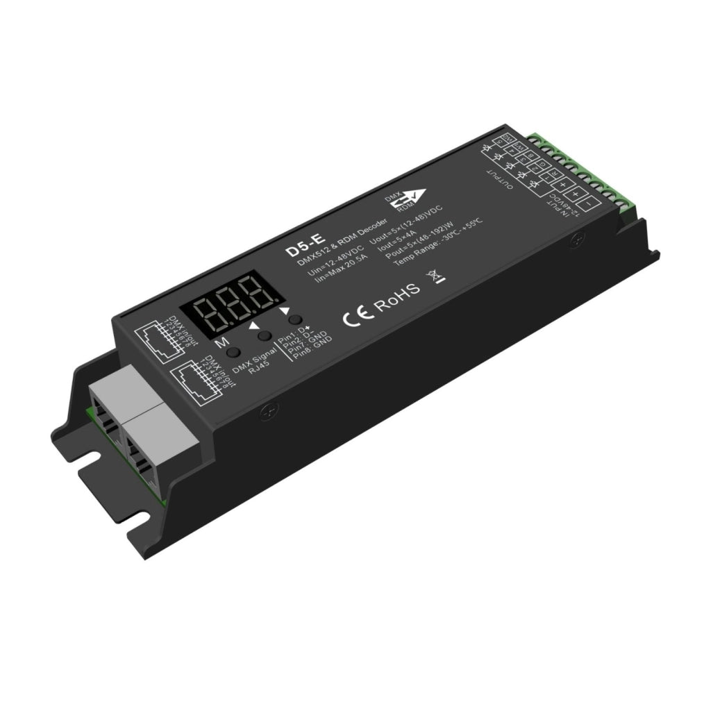 Decoder DMX512 5 canali CV D5-E, 12-48V DC, 5x4A, RDM, RJ45