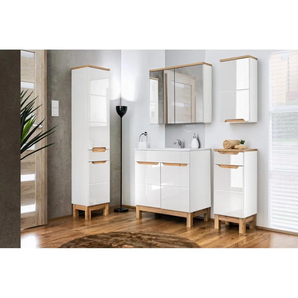 Mobile da bagno ERMANO - Rovere chiaro e bianco lucido - 35x70 cm - 1 porta - Da appendere