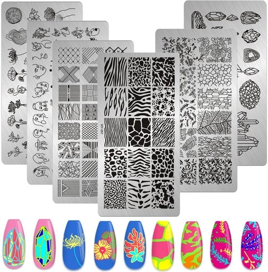 Stempel per unghie 6 pezzi - Piastre per unghie - Disegno leopardo/Geometria/Fiori/Foglie - Acciaio inossidabile - Kit per manicure - 12 cm x 6 cm - Piastre per nail art