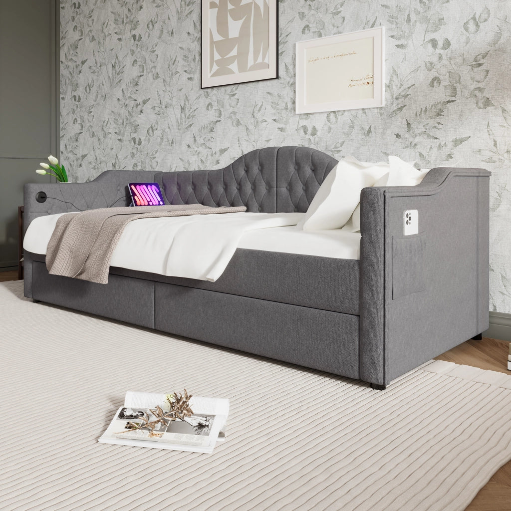 LETTO Daybed 90x200 cm in Lino Grigio con USB Type C e 2 cassetti