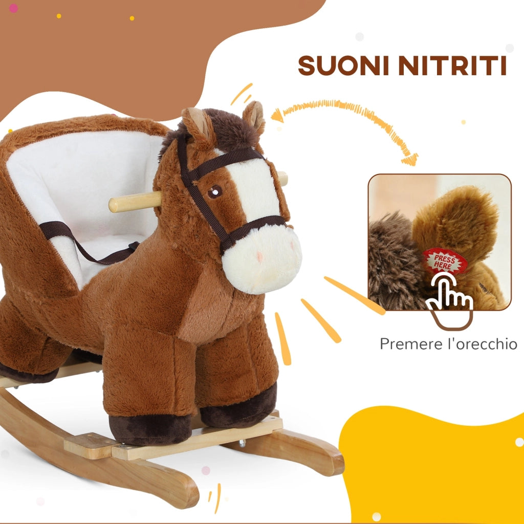 Cavallo a Dondolo per Bambini in Legno e Peluche Cavallo Marrone
