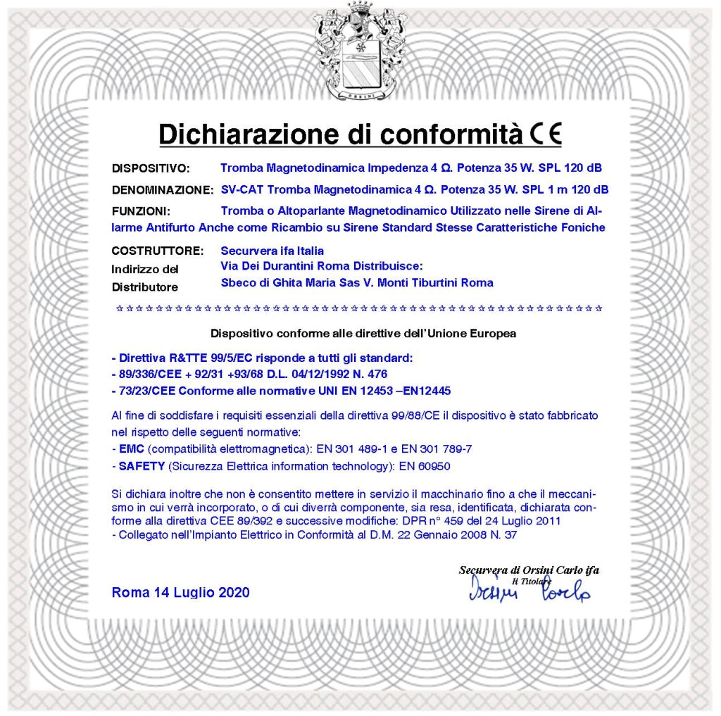 Altoparlante Magnetodinamico Tromba Esponenziale Impedenza 4 Ω Potenza 40 W 107 dB Ricambio Sirene Allarme Qualsiasi Marca Alta Frequenza da 750 ± 5,1 KHz Magnete Ø91XS13 mm Misure H106XL106XP72 mm