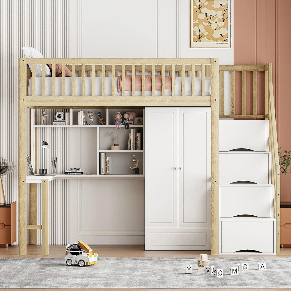 Letto a Soppalco Multifunzione – Xylo – 90x200cm, Legno Bianco, Grande Armadio, Scaffale, Tavolo, Scala, Ripostiglio