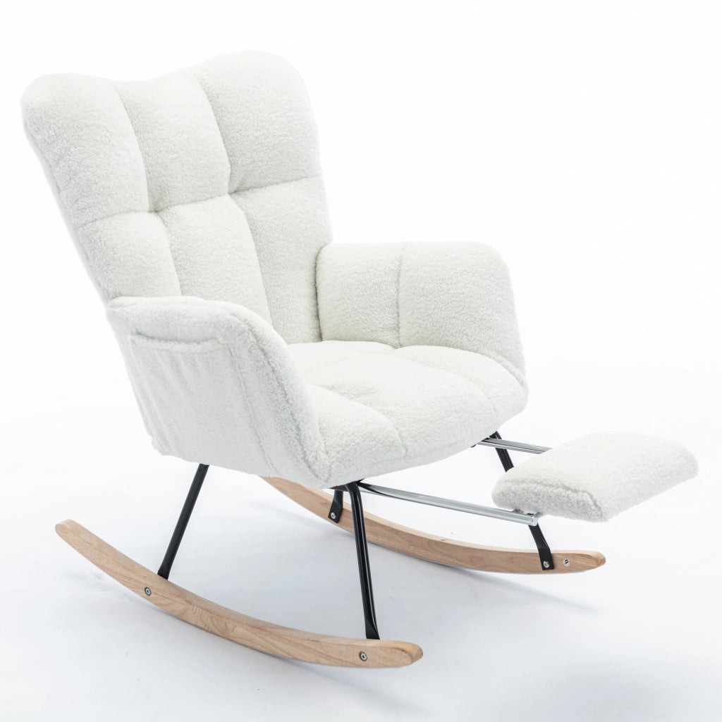 Poltrona a Dondolo Imbottita con Poggiapiedi ¨C MINIMAL ¨C Tessuto Boucl¨¦ Bianco