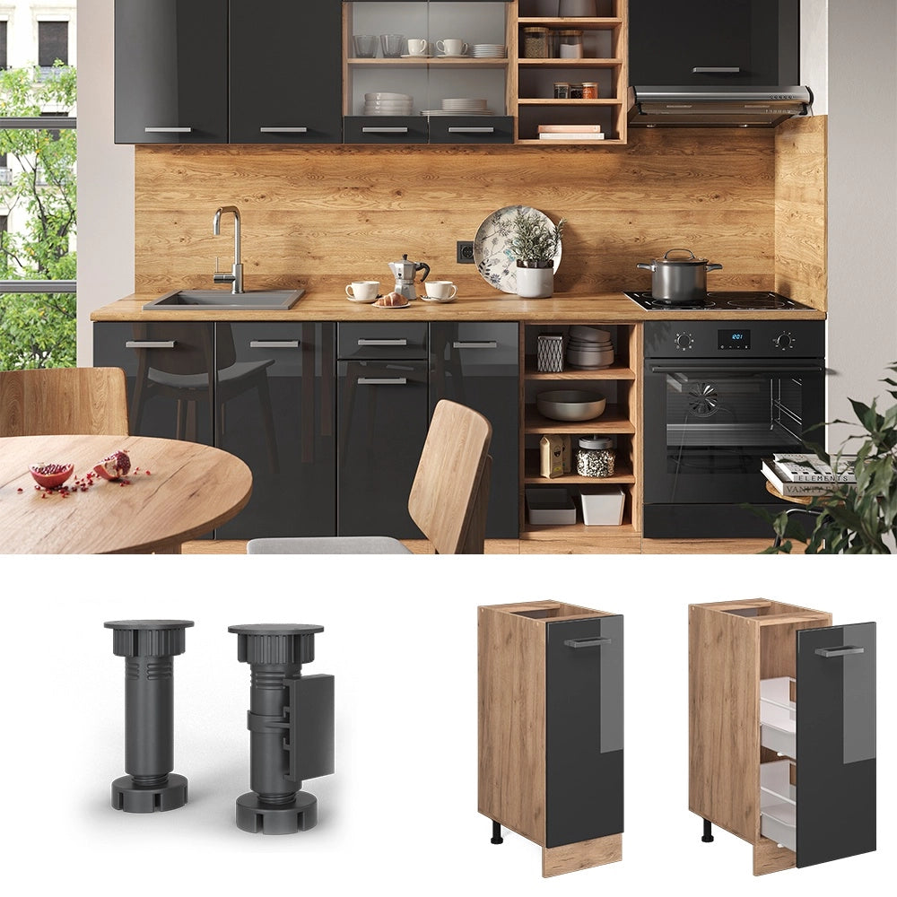 Armadio cucina dispensa alto R-Line Antracite lucido/Rovere dorato 30 cm, PL Rovere Vicco