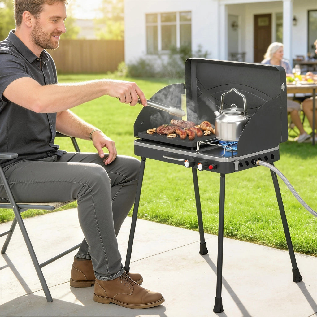Barbecue a Gas Portatile 2 in 1 ¨C zephmum ¨C 7 kW Grigio Nero con Griglia e Piani