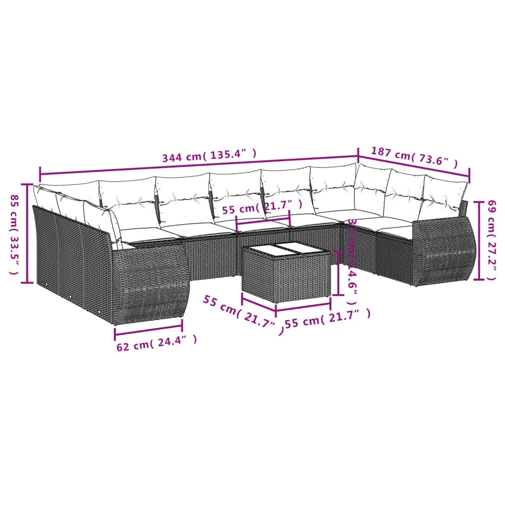 Set Divani da Giardino 10pz con Cuscini in Polyrattan Nero 3221864