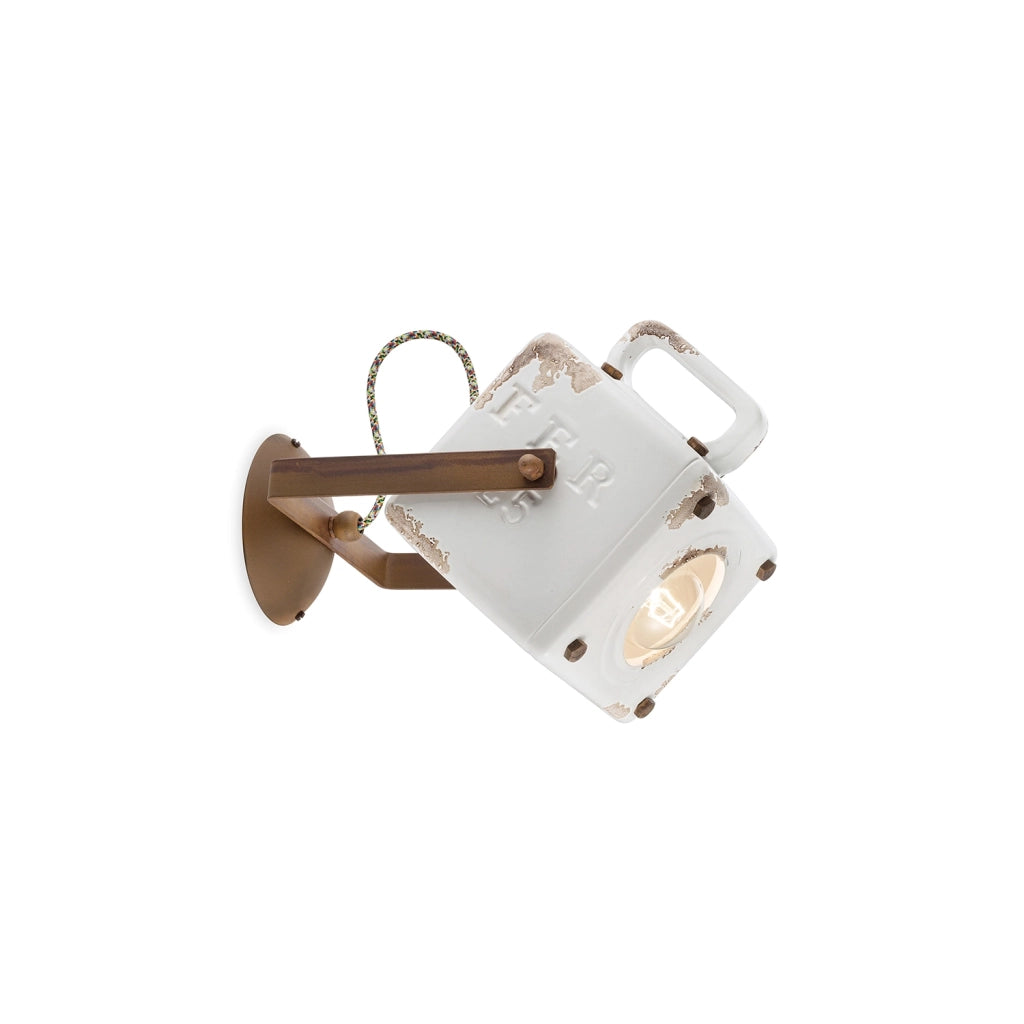 Applique Vintage Industrial Cubica Ferro E Ceramica Bianco 1 Luce E27
