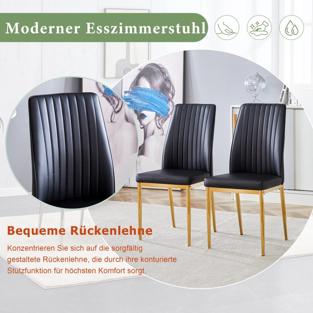 Sedia da pranzo Set di 4 con schienale ergonomico, in PU e metallo, Nero e Oro