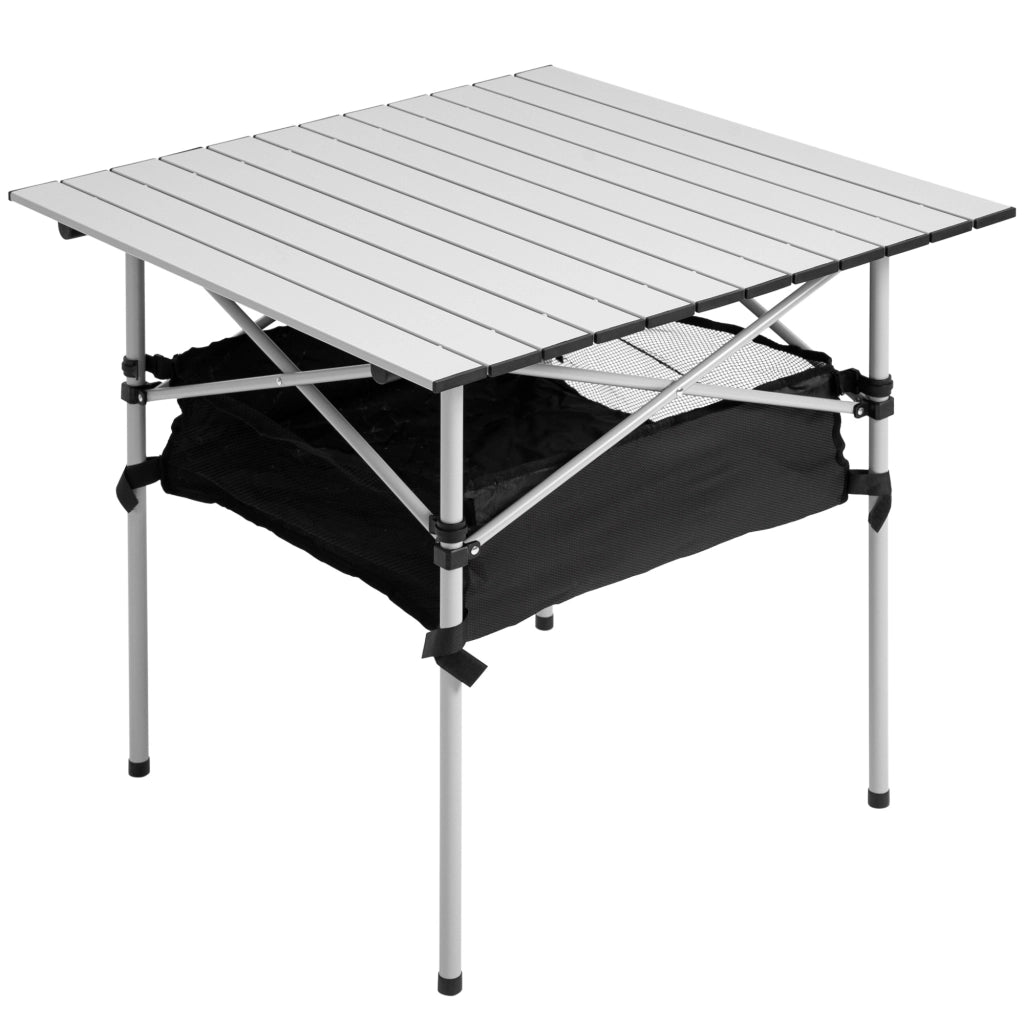 Tavolo da campeggio pieghevole con rete portaoggetti e borsa trasporto ¨C Xylo ¨C 70x70x69 cm argento