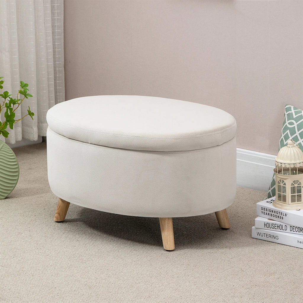 Pouf contenitore ovale ¨C Xylo ¨C velluto beige, gambe legno massello, 71x51,5x42 cm